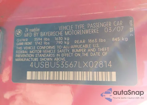 2007 BMW Z4 3.0Si из США, поврежденный, VIN 4USBU53567LX02814